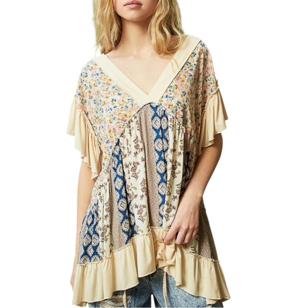 POL / Patchwork Lace Top / Boho Jersey Babydoll Tunic Shirt - Picture 1 of 1